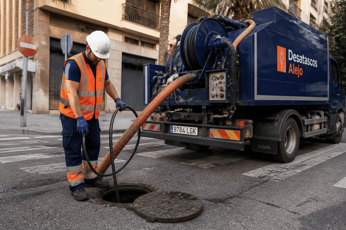 Técnico con casco y chaleco naranja guía una manguera fina en un pozo abierto junto a un paso de peatones; camión de impulsión-aspiración azul Desatascos Alejo detrás