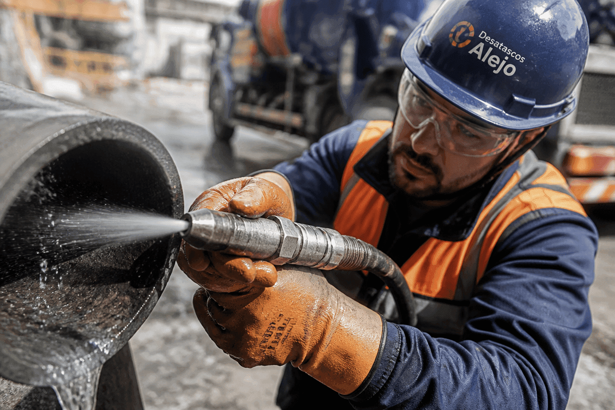 Primer plano de un técnico con casco azul rotulado y guantes naranja insertando una boquilla de alta presión en una tubería metálica, con camión de servicio desenfocado al fondo