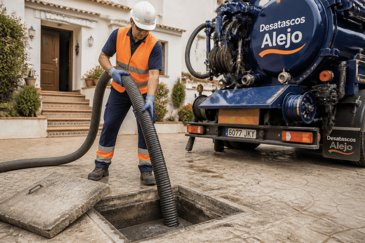 Técnico con casco blanco y chaleco naranja introduce una manguera corrugada de aspiración en una arqueta cuadrada de un acceso residencial; trasera del camión cuba azul al fondo