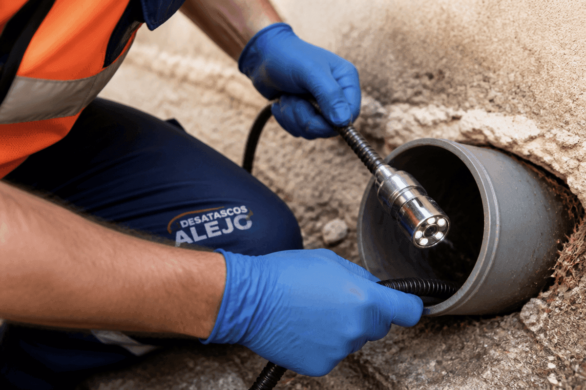 Manos con guantes azules guían el cabezal LED de una cámara de inspección hacia un tubo de PVC gris que sale de un muro de hormigón