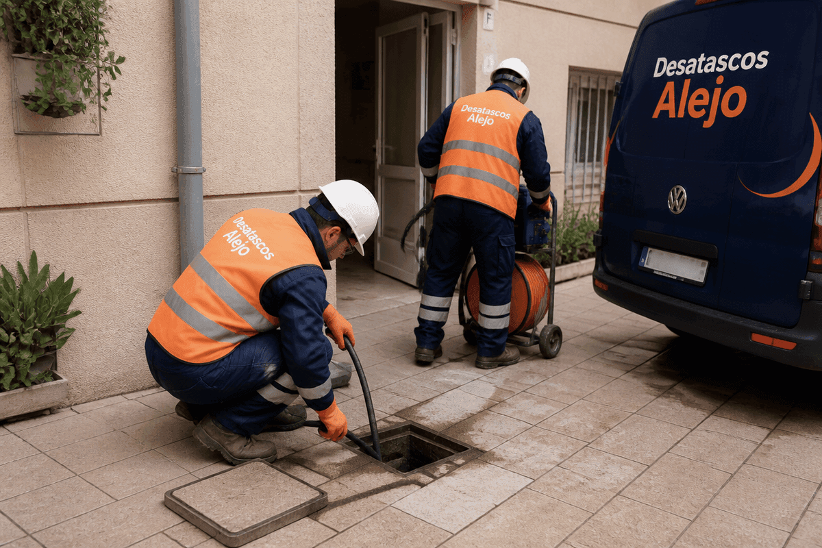 Dos técnicos con chaleco rotulado Desatascos Alejo intervienen en una arqueta de patio enlosado; uno agachado con manguera negra y otro con máquina portátil de carrete naranja junto a furgoneta azul