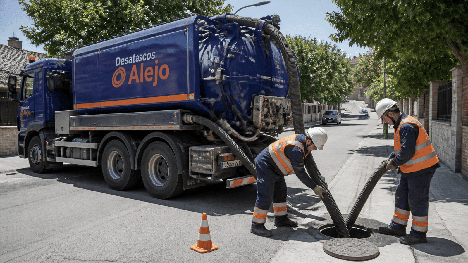 Camión cuba azul con rotulación Desatascos Alejo en una calle arbolada; dos técnicos con casco blanco y chaleco naranja introducen una manguera negra en una tapa de registro abierta