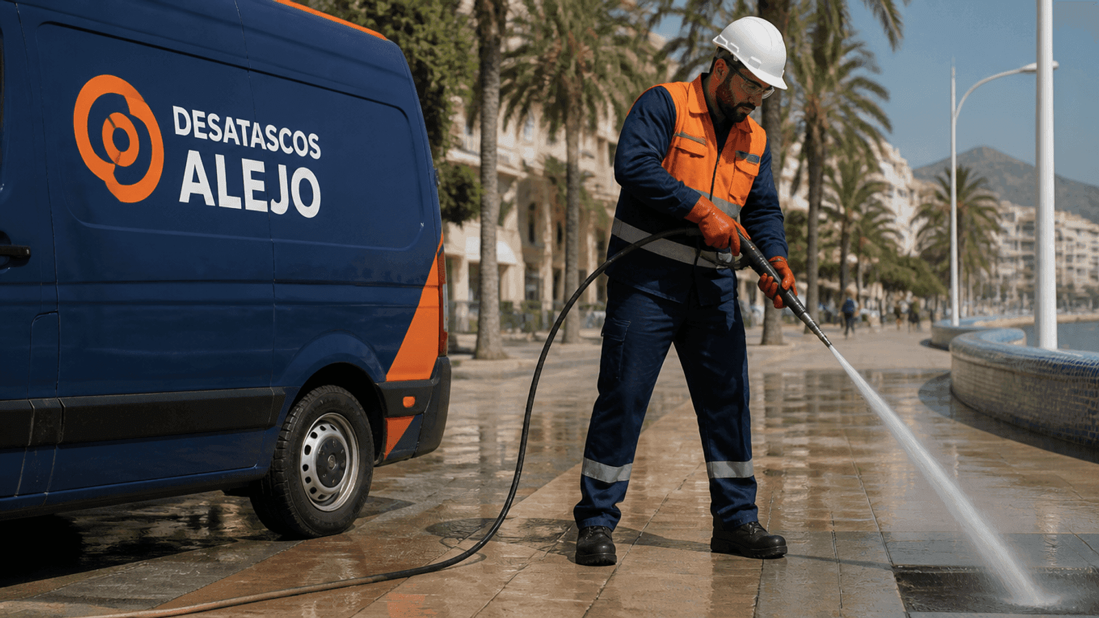 Técnico con casco, gafas y chaleco naranja dirige un chorro de agua a alta presión a un sumidero en un paseo con palmeras; furgoneta azul Desatascos Alejo a la izquierda