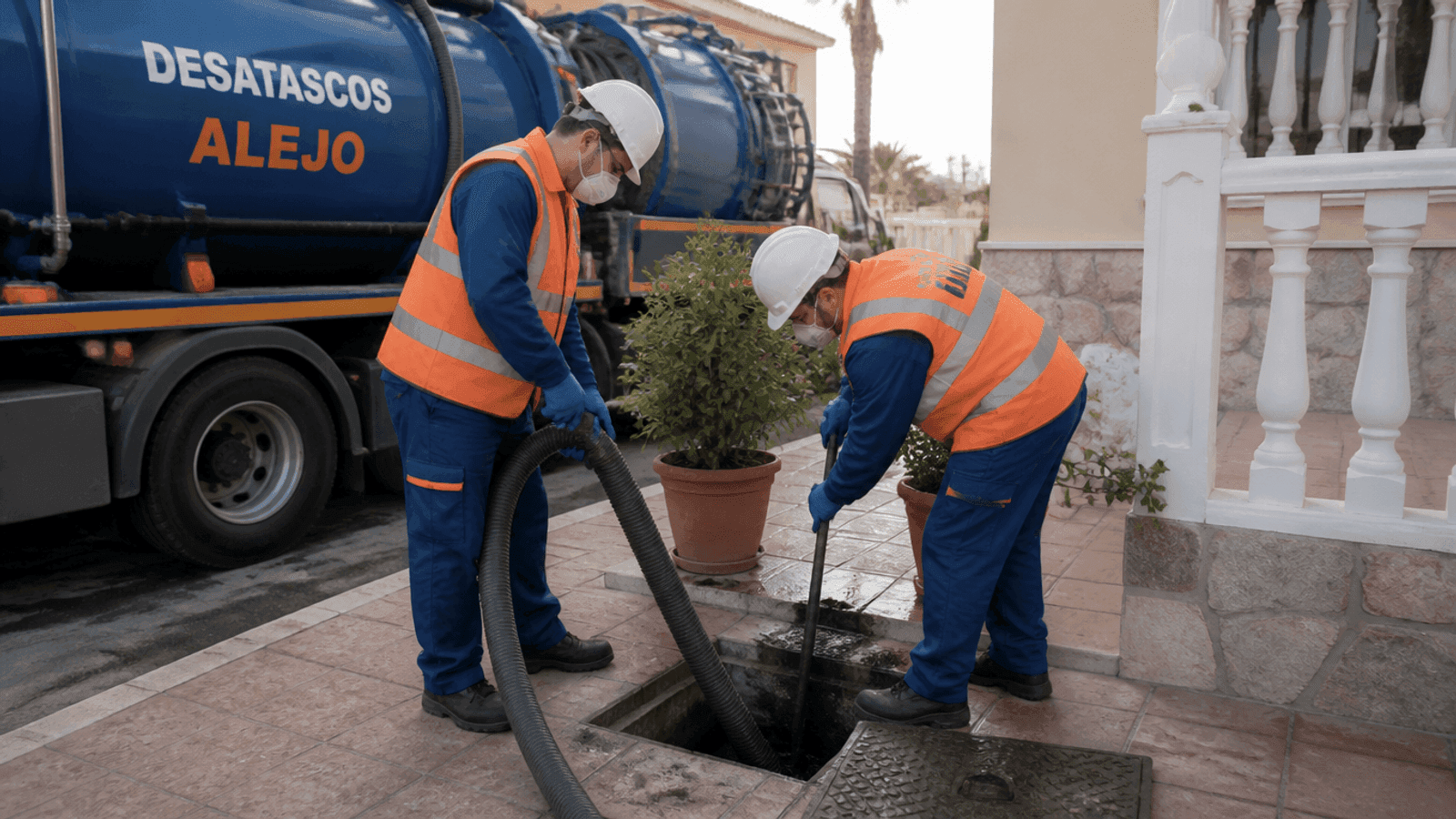 Dos operarios con casco, mascarilla y chaleco naranja trabajan sobre una arqueta en un patio de baldosas; uno guía la manguera de aspiración y el camión cuba azul aparece al fondo