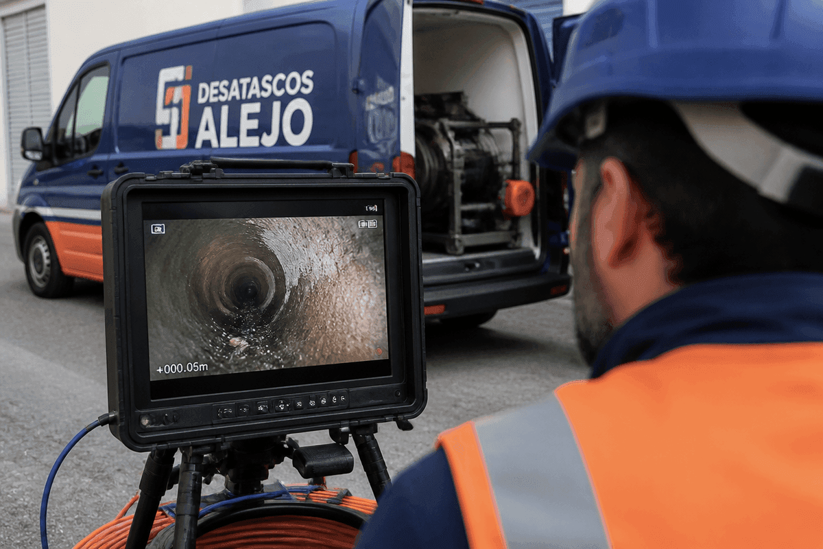 Monitor de campo sobre trípode muestra el interior húmedo de un conducto; técnico con casco azul observa y furgoneta azul Desatascos Alejo con puertas abiertas al fondo